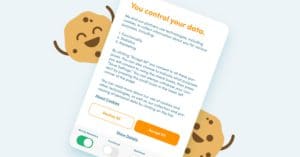 Immagine di un cookie banner conforme al GDPR con biscotti felici intorno