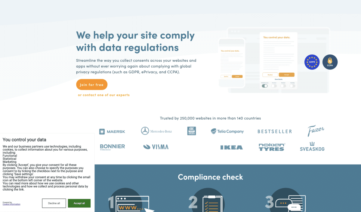 Image of a CCPA cookie banner example with the banner placed in the left corner of the webpage.