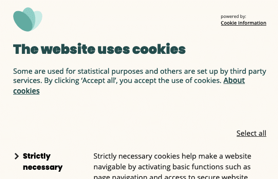 Cookie bannerin teksti eräältä Cookie Informationin asiakkaalta